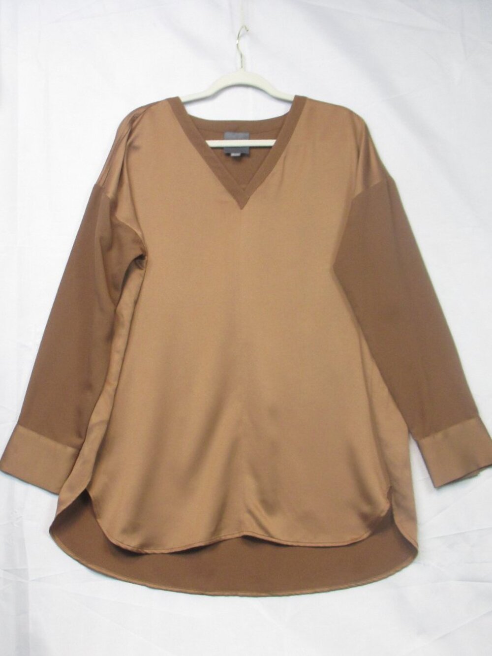 Lysse New York Token Pullover Top Long Sleeve Brown Satin Blouse Size XL